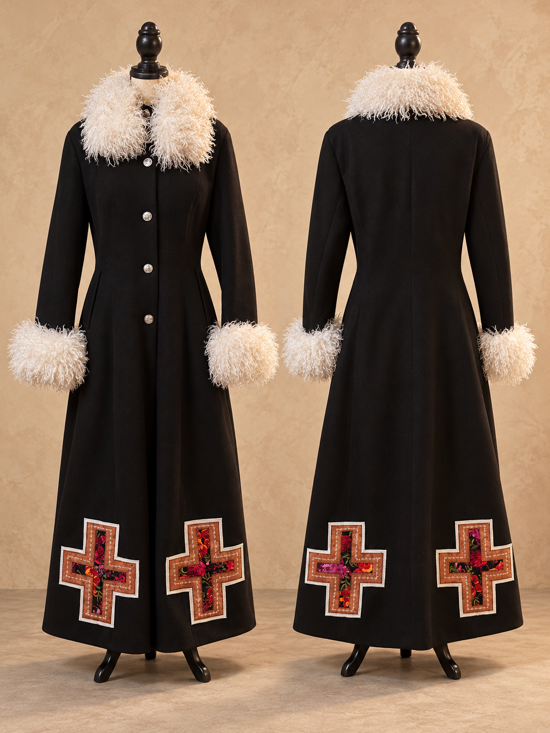 Front and back views of Shelley’s long black coat with cream curly faux-fur collar and cuffs, silver buffalo nickel buttons, and colorful appliqués near the hem