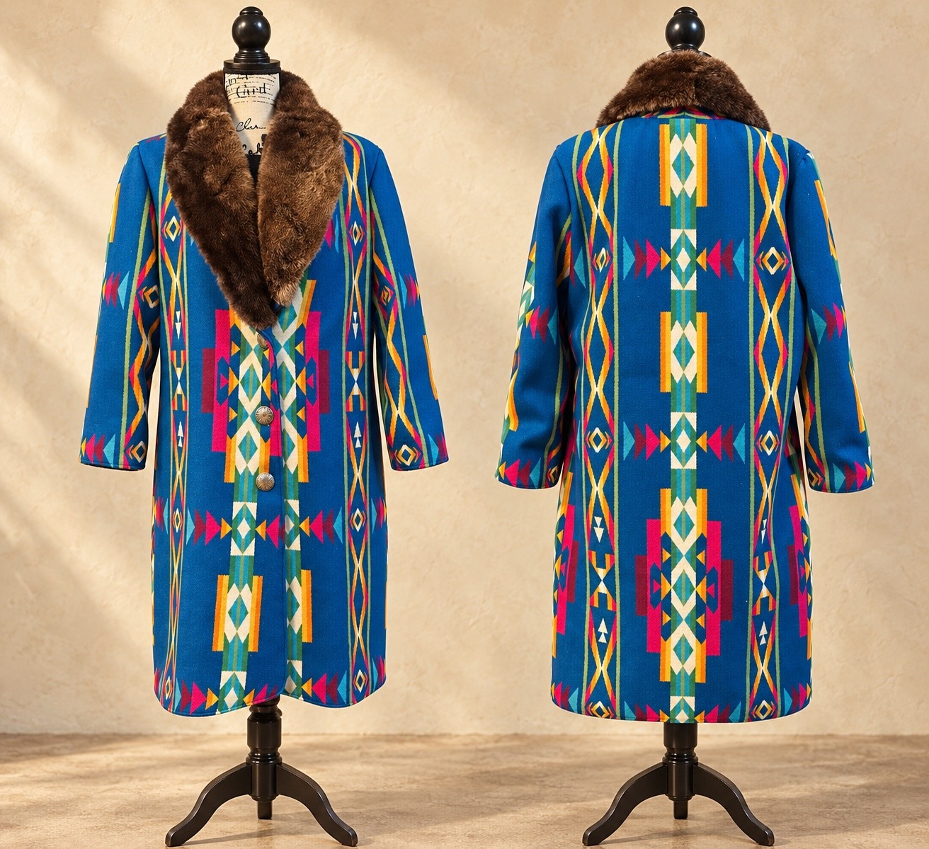 Two views of Shelley’s blue patterned coat, showing the details of her clothing