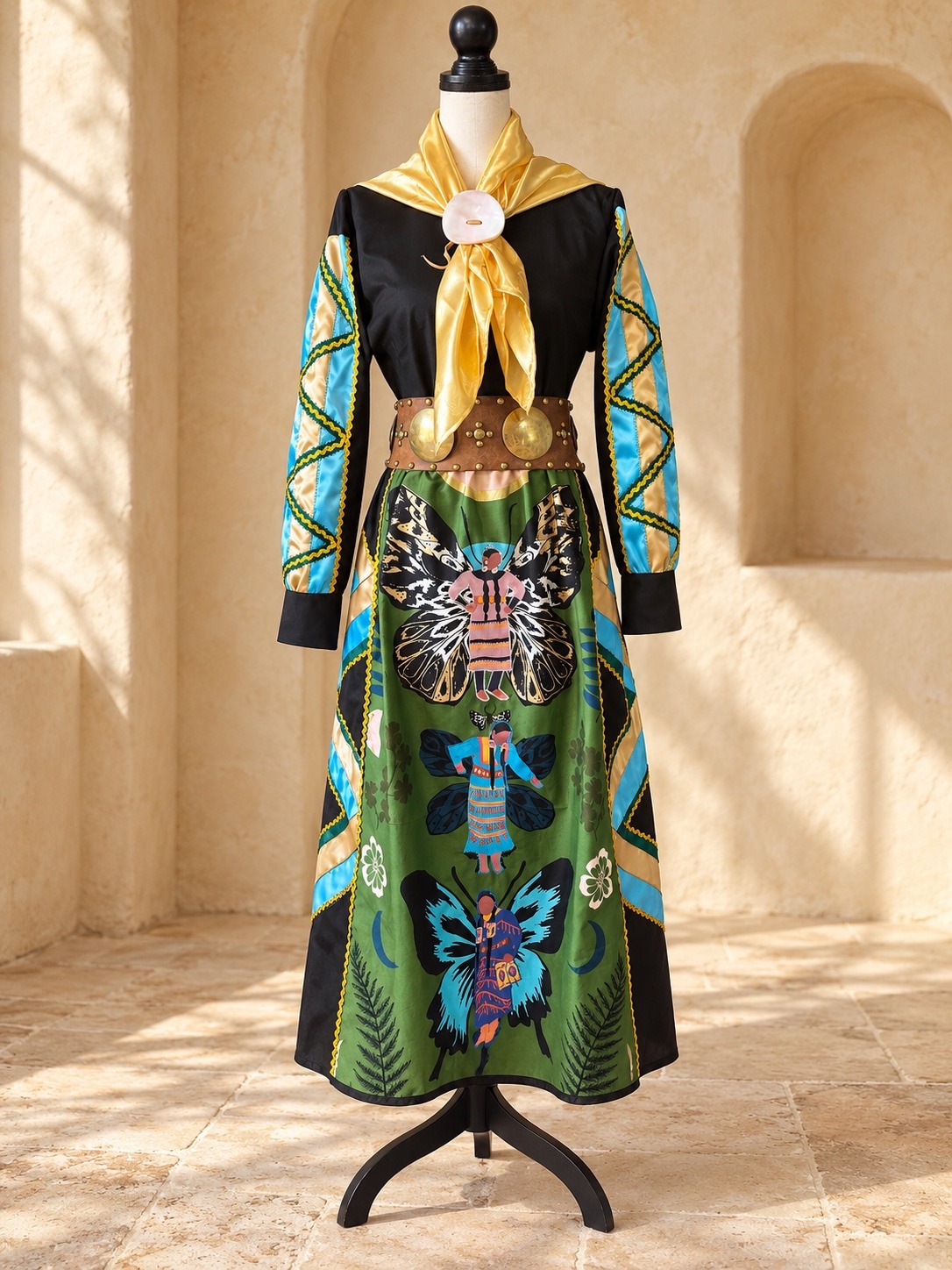 Shelley’s colorful dress with patterned sleeves, a yellow neck scarf, and a belt, displayed on a mannequin in warm sunlight