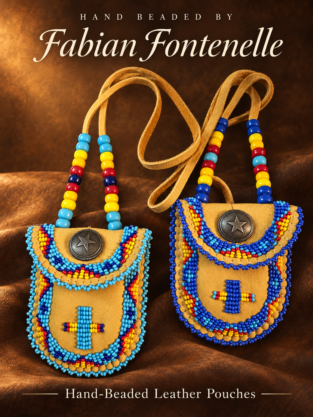 Fabian Fontenelle’s deer buckskin medicine pouches: turquoise beadwork on the left and royal blue beadwork on the right