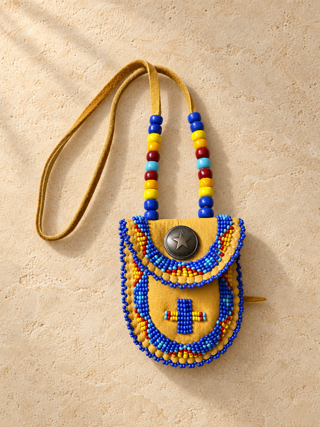 Royal Blue hand-beaded deer buckskin medicine pouch with glass crow beads and adjustable neck strap