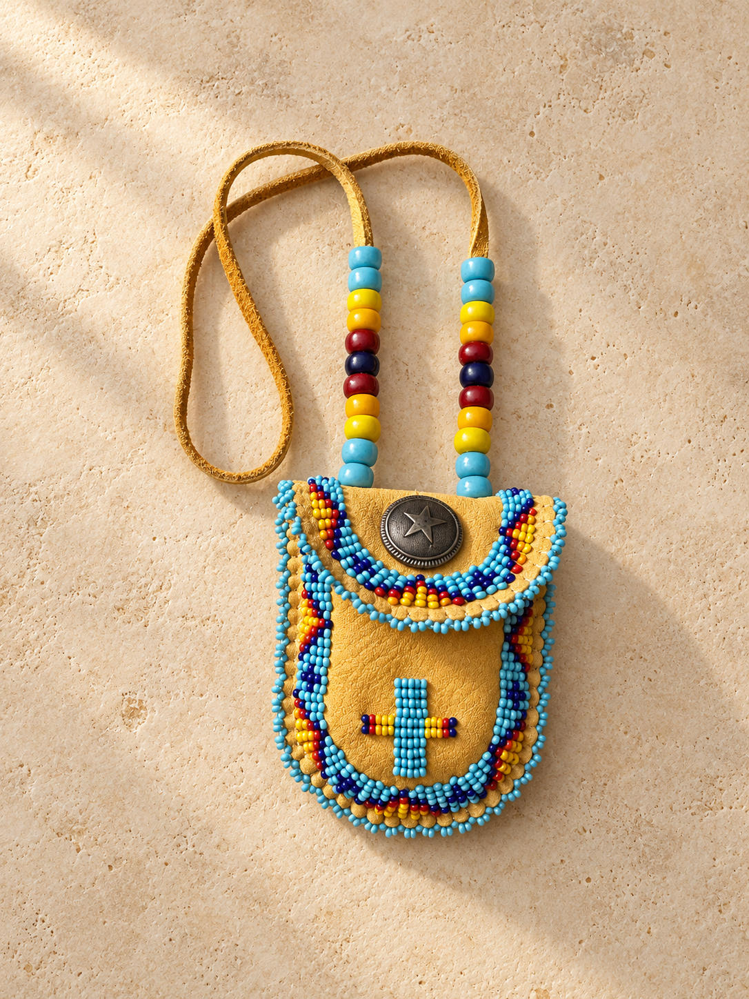 Turquoise hand-beaded deer buckskin medicine pouch with glass crow beads and adjustable neck strap