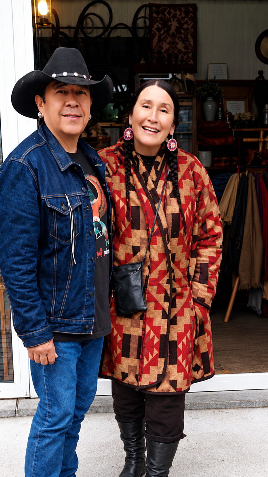 Fabian Fontenelle and Shelley Morningsong standing together outside a shop