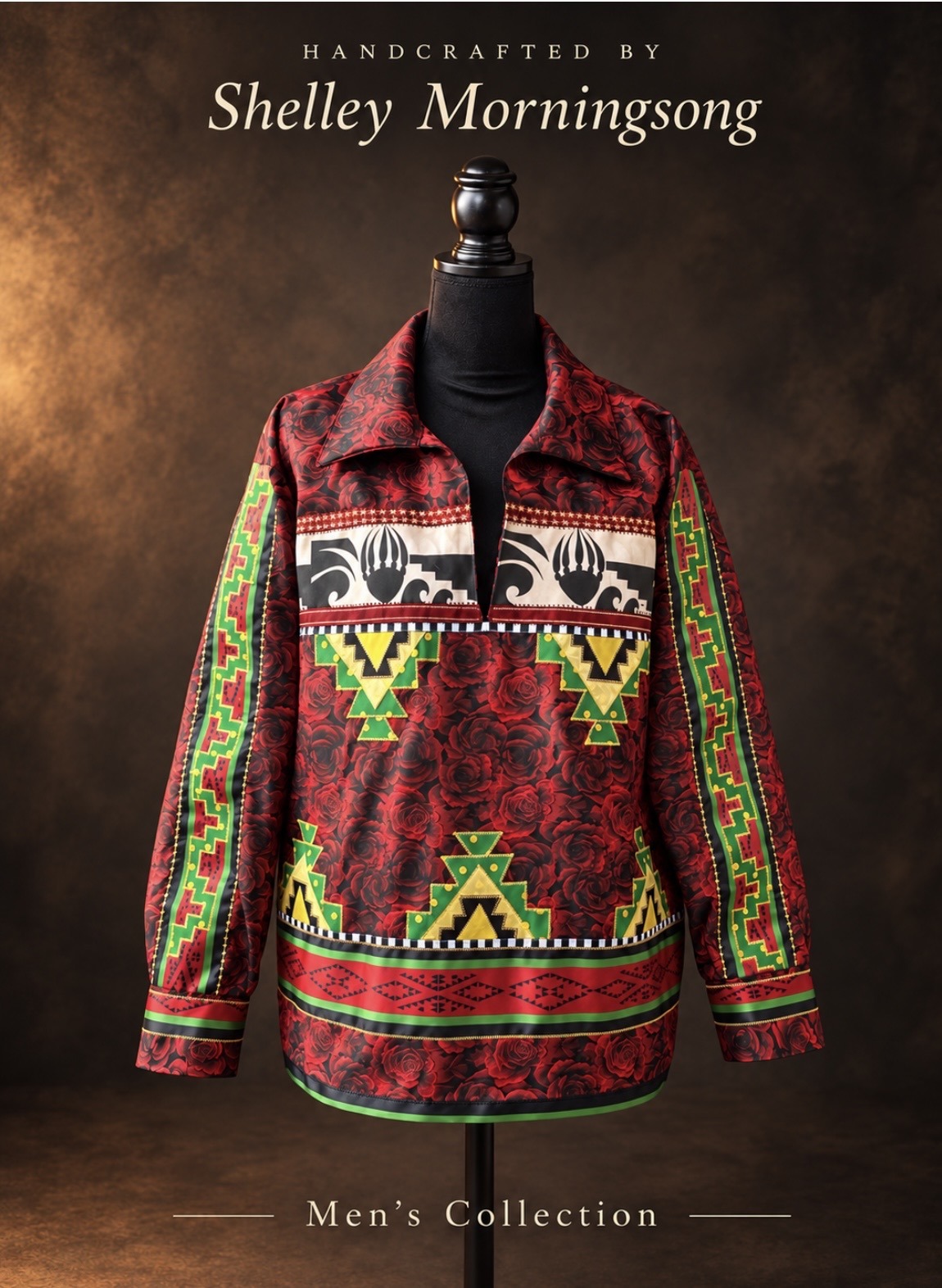 Rich red men’s shirt with colorful appliqué designs