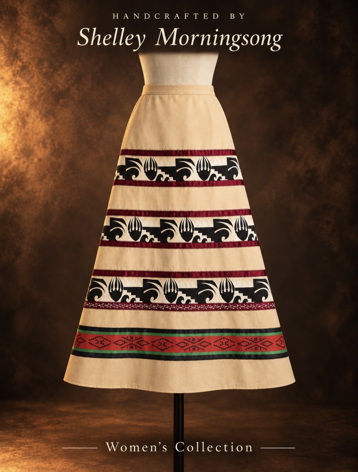 Cream skirt with contrasting black designs and red and green ribbon accents